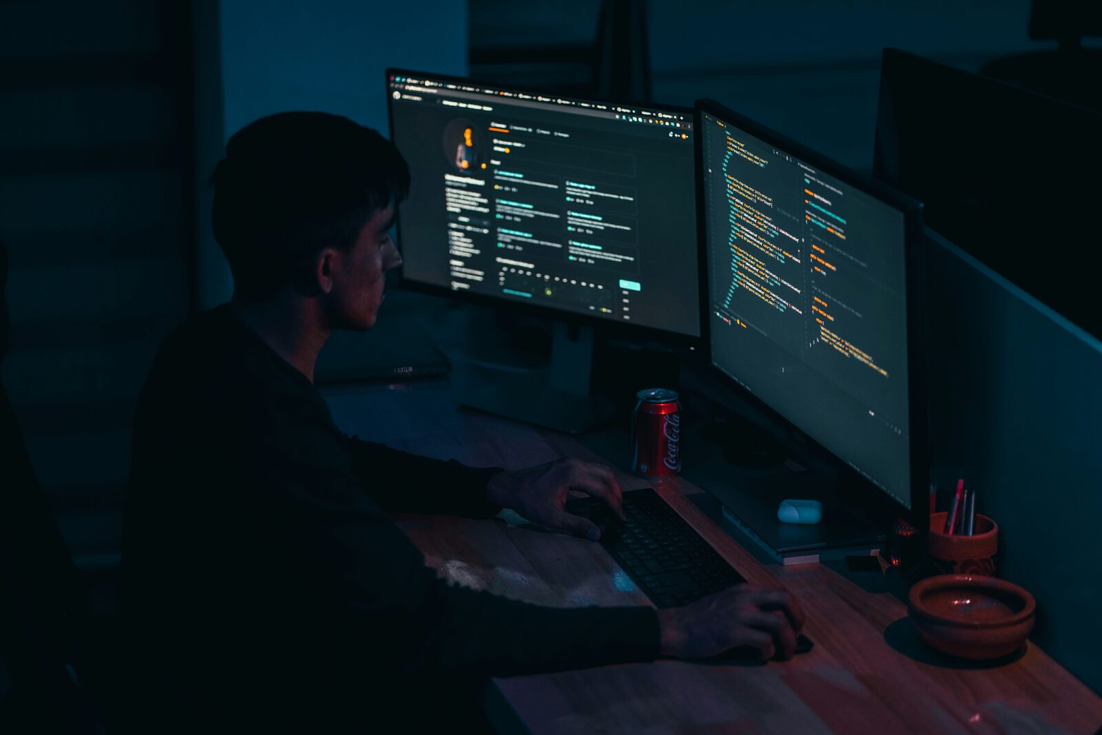 person using computer on table